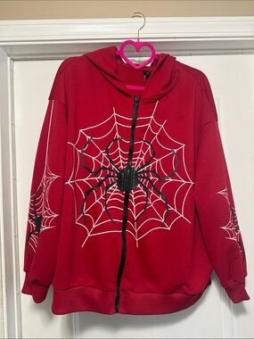 Adult Unisex Sz 1x Red Spider Web Zip Hoodie Jacket